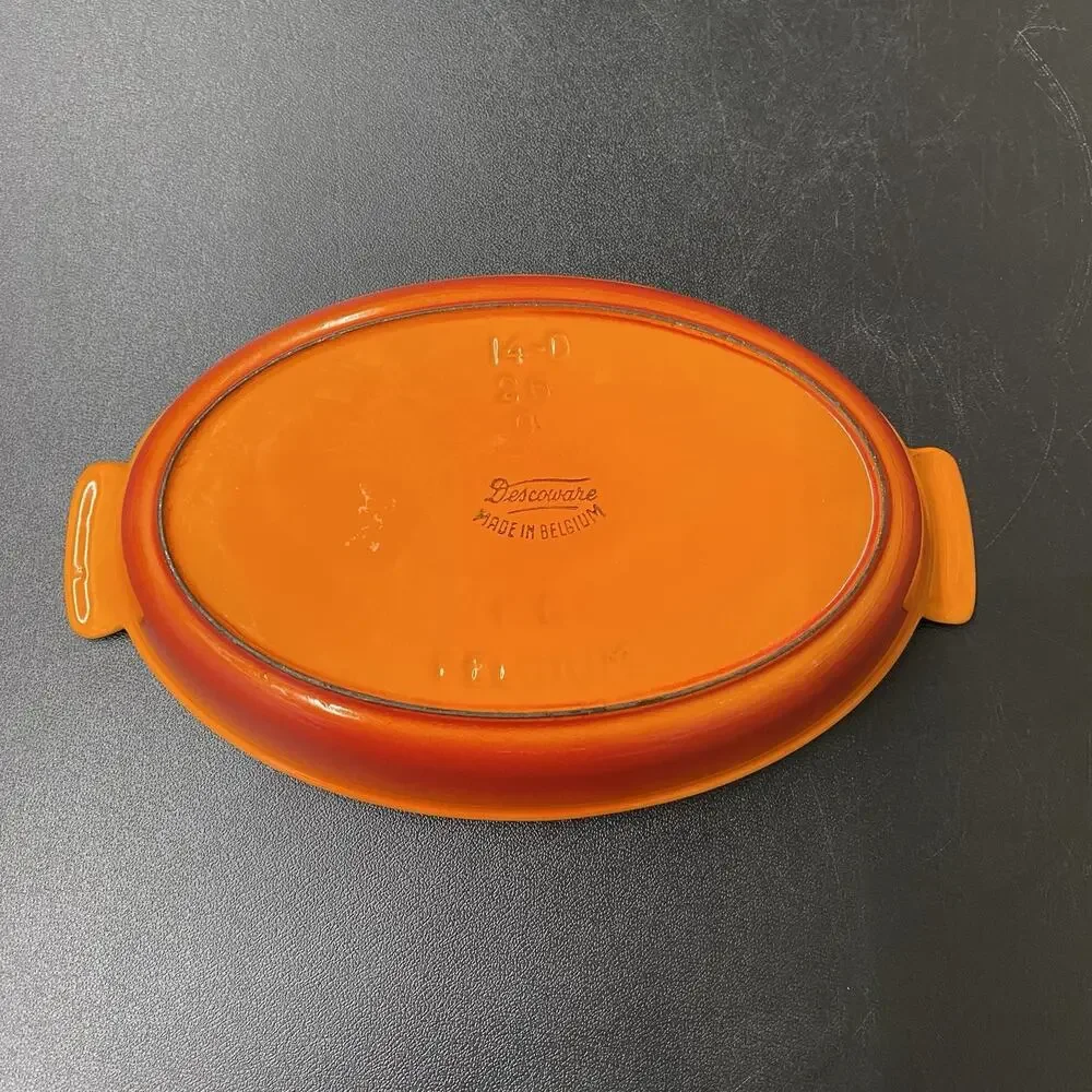 Vintage Descoware #26 Orange Flame Cast Iron Enamel Oval Au Gratin Baking Dish